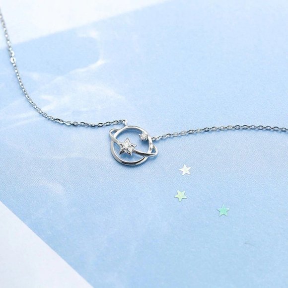 Rose Gold/Sterling Silver Diamond Planet Necklace - Picture 3 of 7